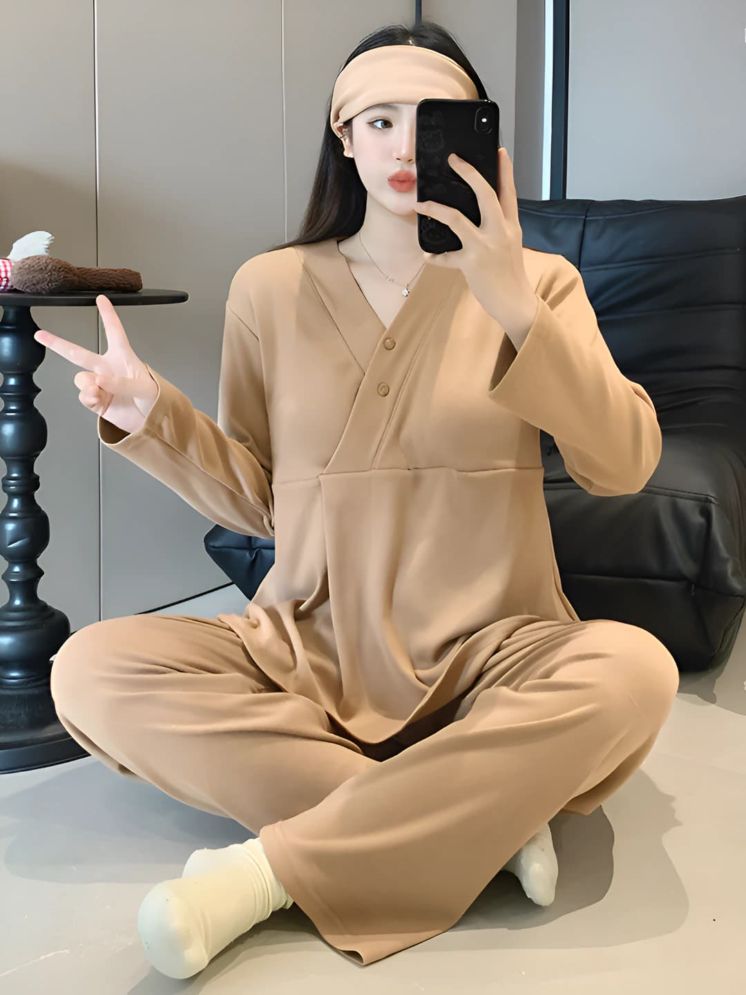 Women's warm maternity nursing loungewear set with fixed bra pads, long sleeve, trousers, for winter, spring and autumn, casual style (top, pants, headband)