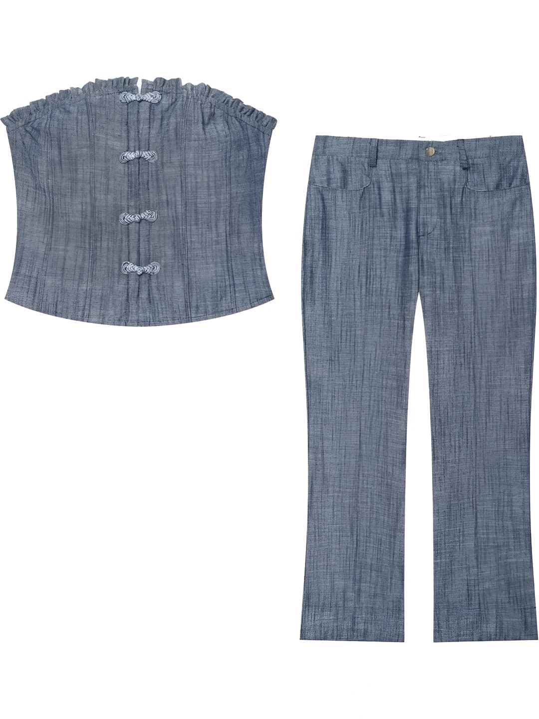 Women's summer sleeveless tank top and mini flared pants set, solid colour, polyester and denim