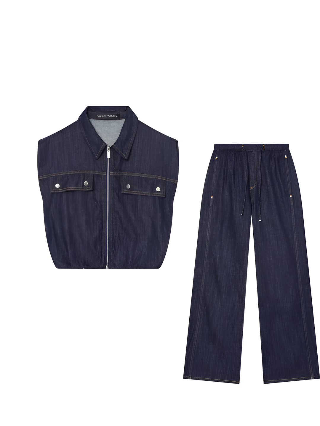 Women's denim tank top and trousers set, solid colour, sleeveless, casual style