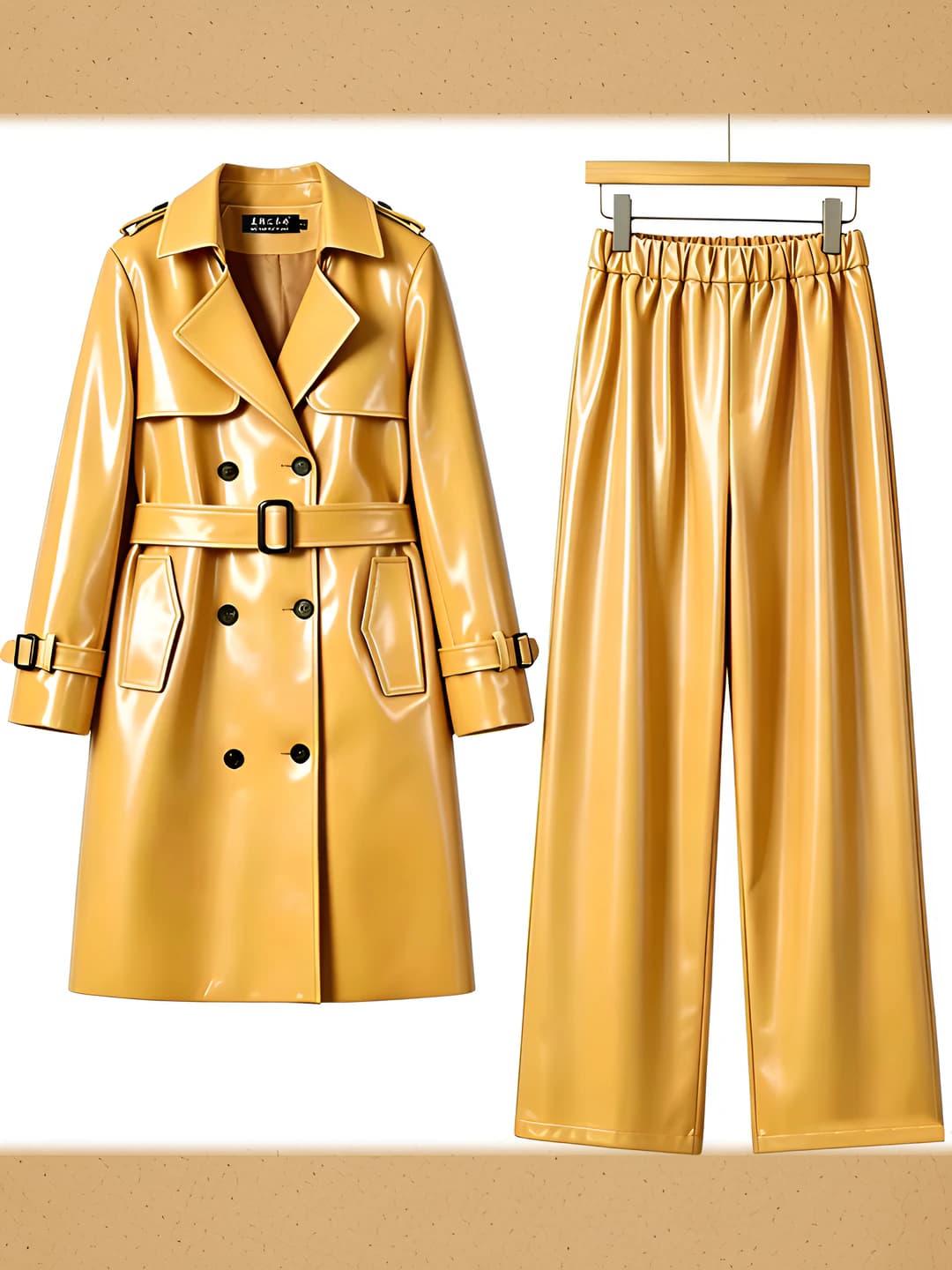 Women's PU trench coat and knee-length shorts set: retro, long sleeve, loose fit, all-season