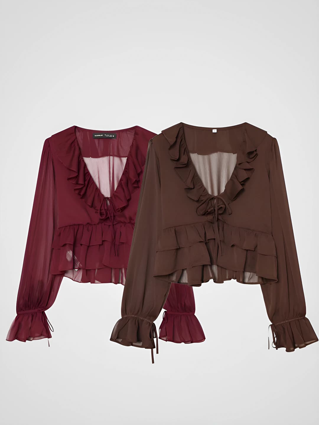 Women's ruffled V-neck blouse top, long sleeve, crew neck, solid colour, non-iron, 100% polyester
