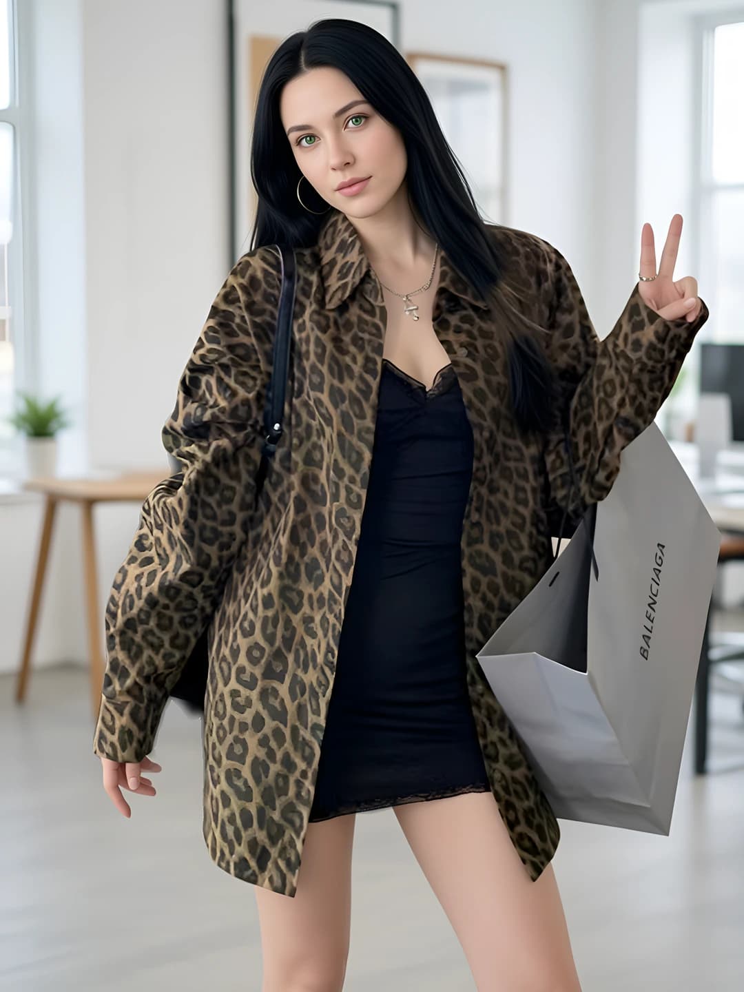 Women's retro leopard-print long-sleeve loose fit shirt, autumn-winter