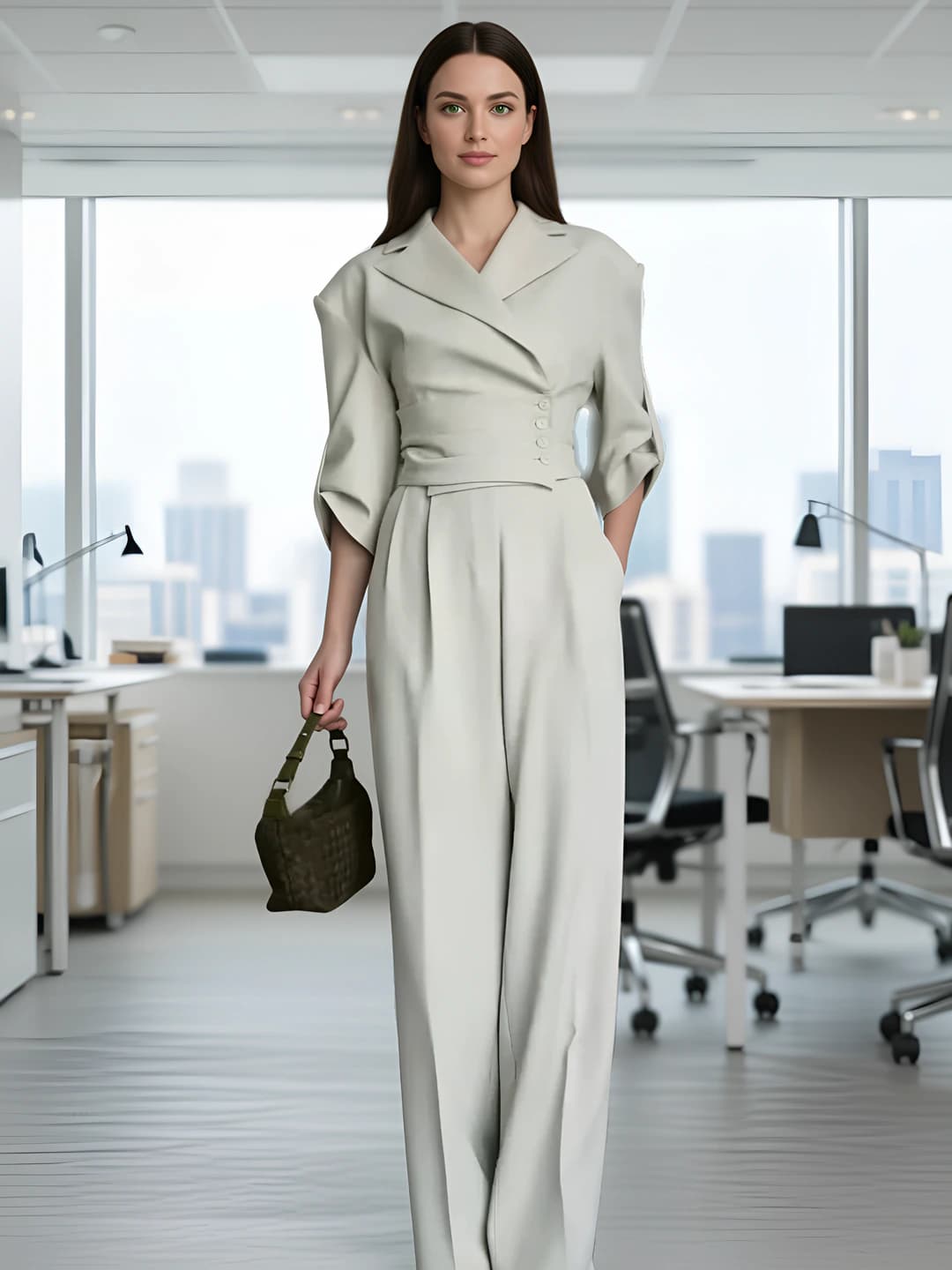 Women's casual set 2026 spring-autumn: long sleeve V-neck blouse + high waist wide-leg trousers