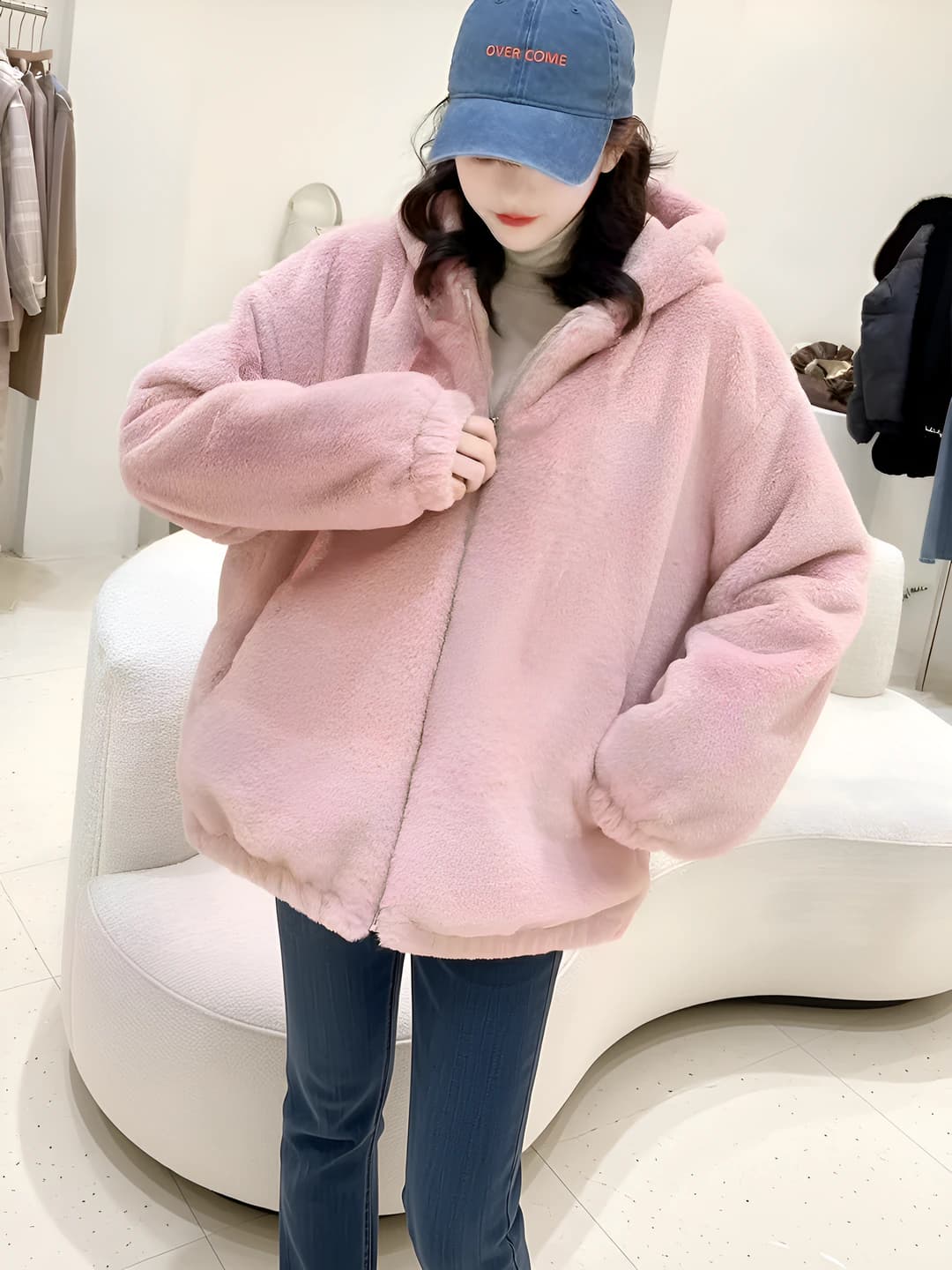 Women's 2026 retro faux fur hooded coat with embroidery, loose fit, stand collar, long sleeve, pink, for petite