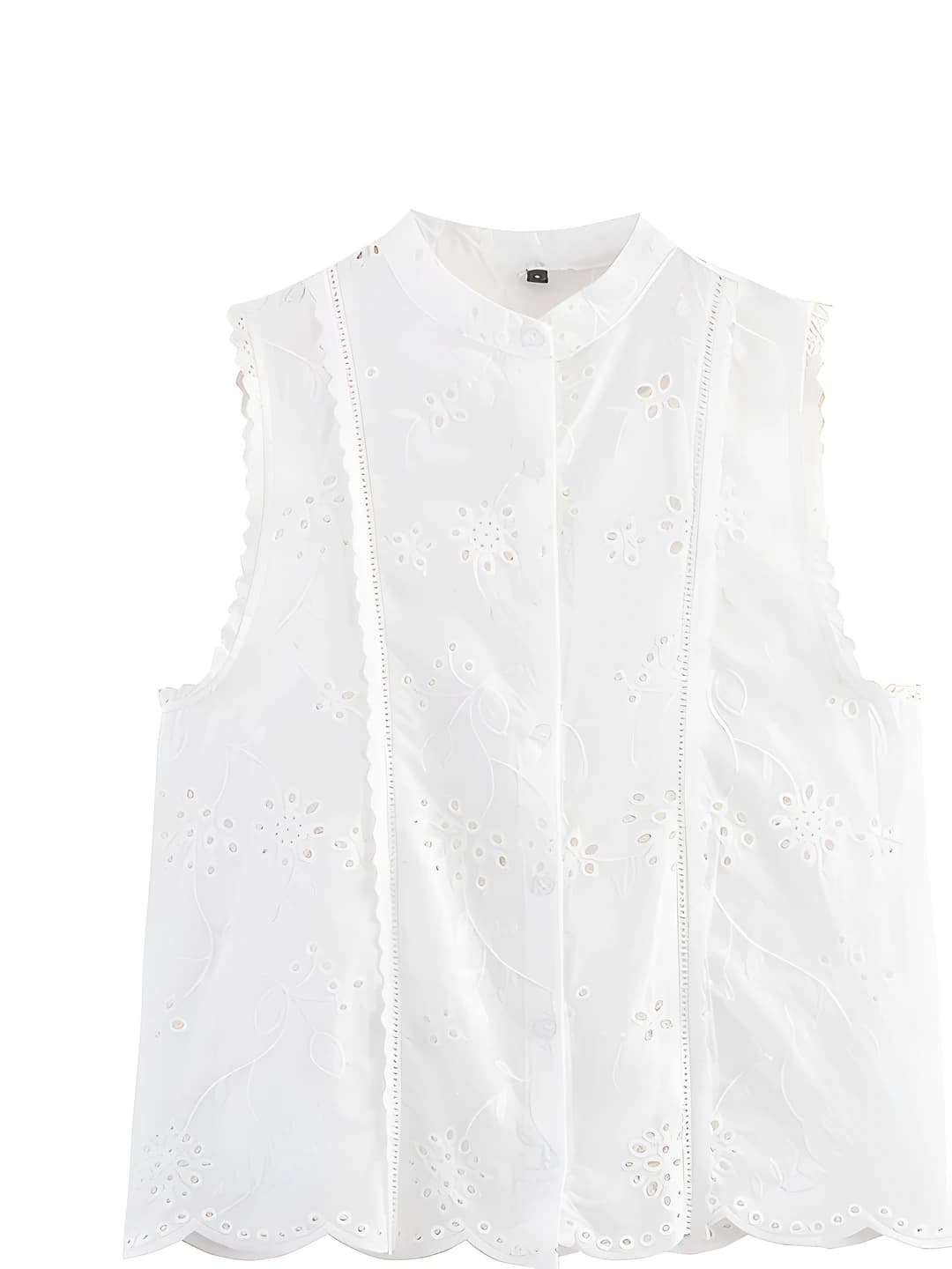 Women's sleeveless crew neck embroidered blouse, solid colour, regular length