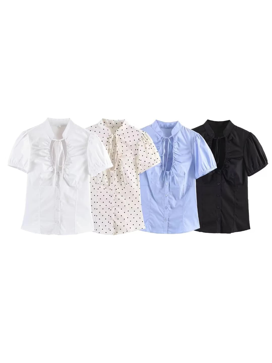 Ayollar uchun kalta yengli, dumaloq yoqali, bow tie dekorli, bo'sh (oversize) kesimli, 3D naqshli, poliester mato bluzka