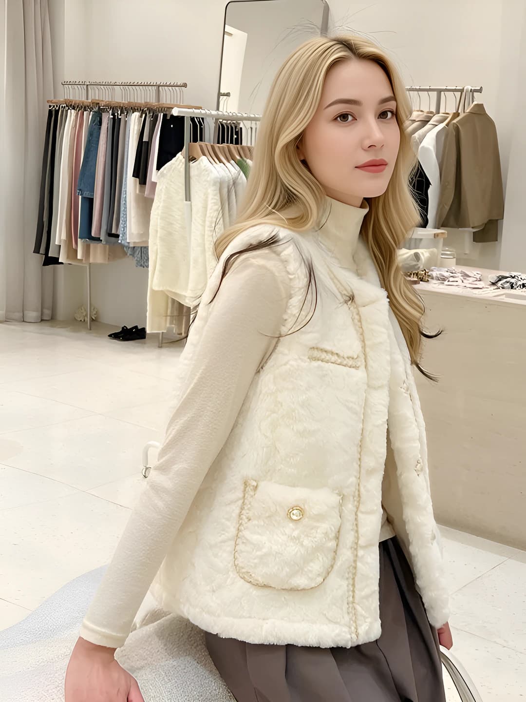 Women's faux-fur vest 2026 autumn-winter, loose fit, sleeveless, collarless, chenille fabric