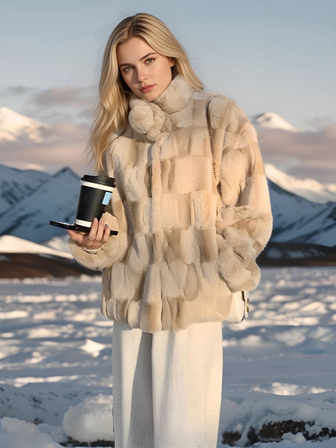 Ayollar uchun 2026 kuz-qish mavsumiga mo'ljallangan bo'sh, tik yoqali, uzun yengli, kalta uzunlikdagi, ichi paxta bilan qoplangan sun'iy teri (faux fur) ustki kiyim