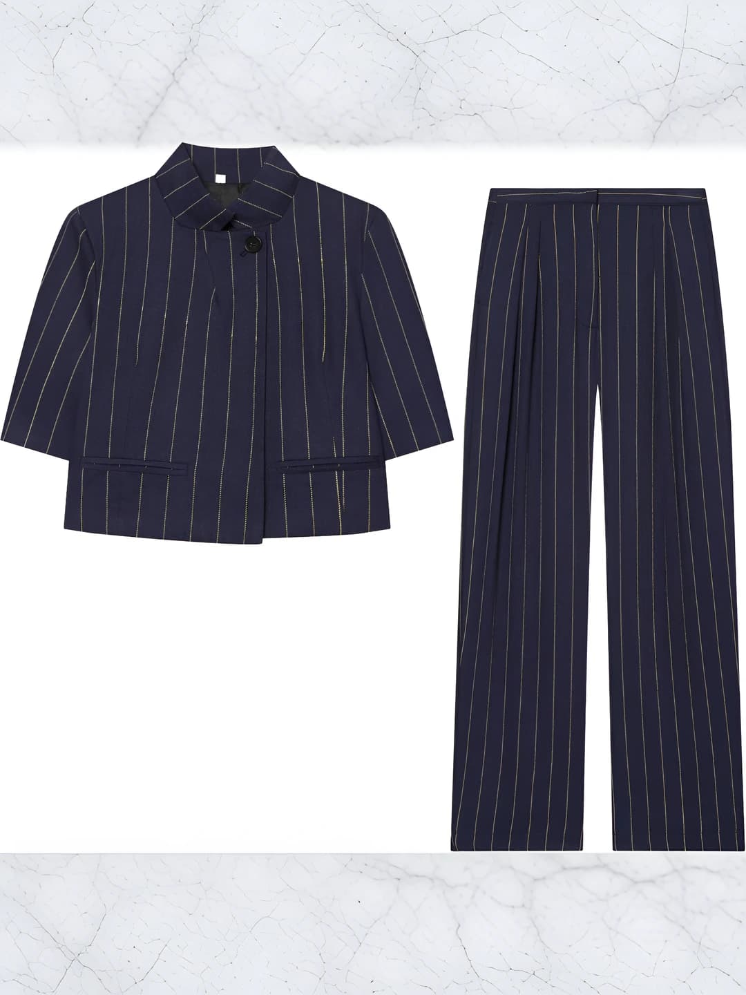 Women's 2026 autumn navy striped suit set, stand collar, three-quarter sleeve, high waist, wide-leg trousers, slimming