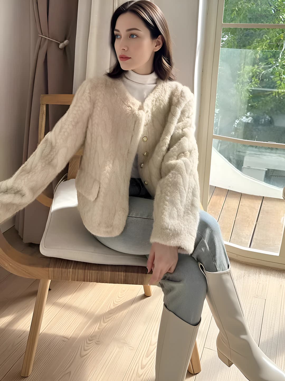 Women's faux fur coat 2026 autumn-winter, cropped, crew neck, long sleeve, 3D design, for petite, Chanel style, artificial fur