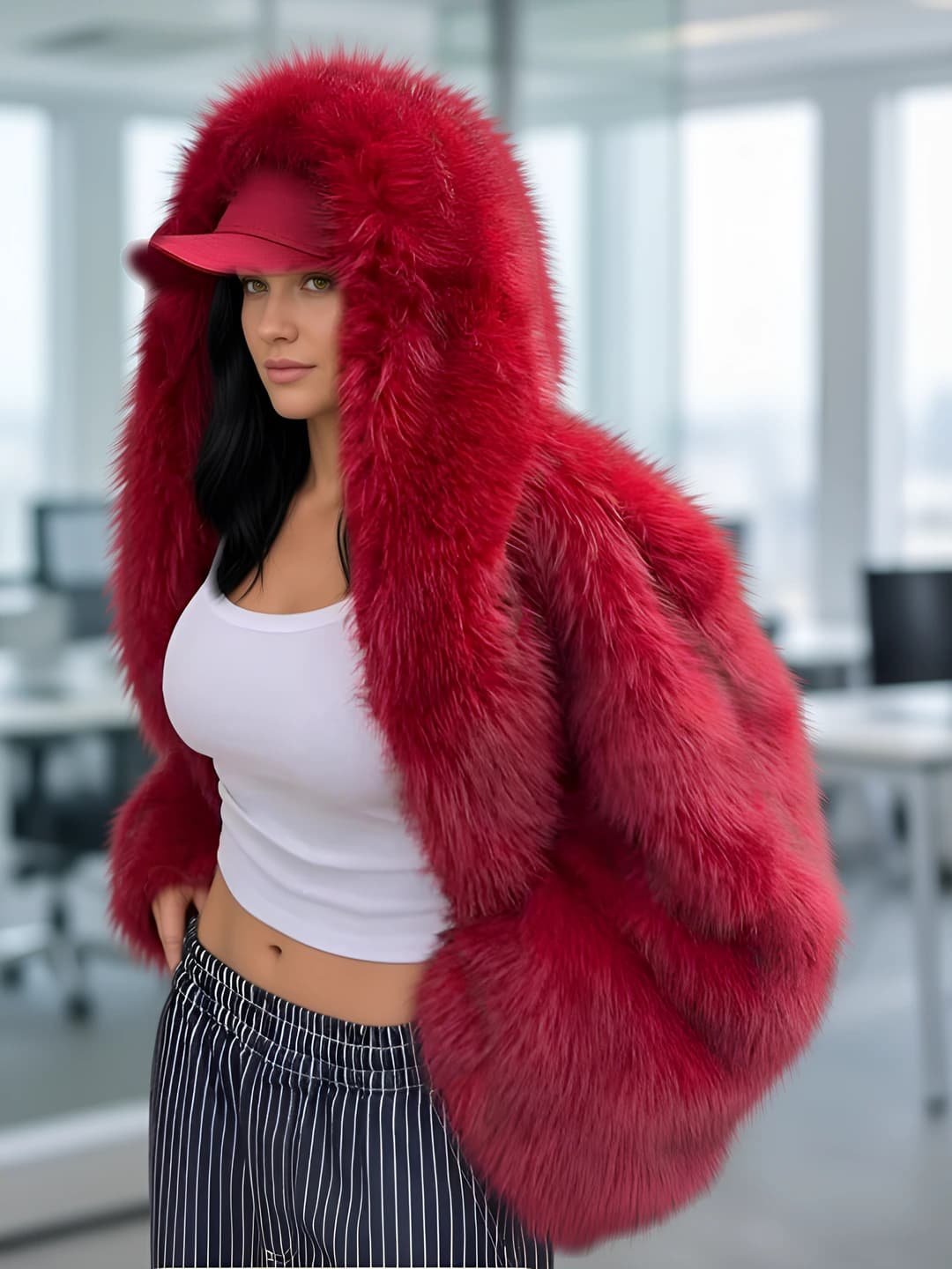 Женский тёплый в корейском стиле средней длины с длинным рукавом faux fur hooded coat