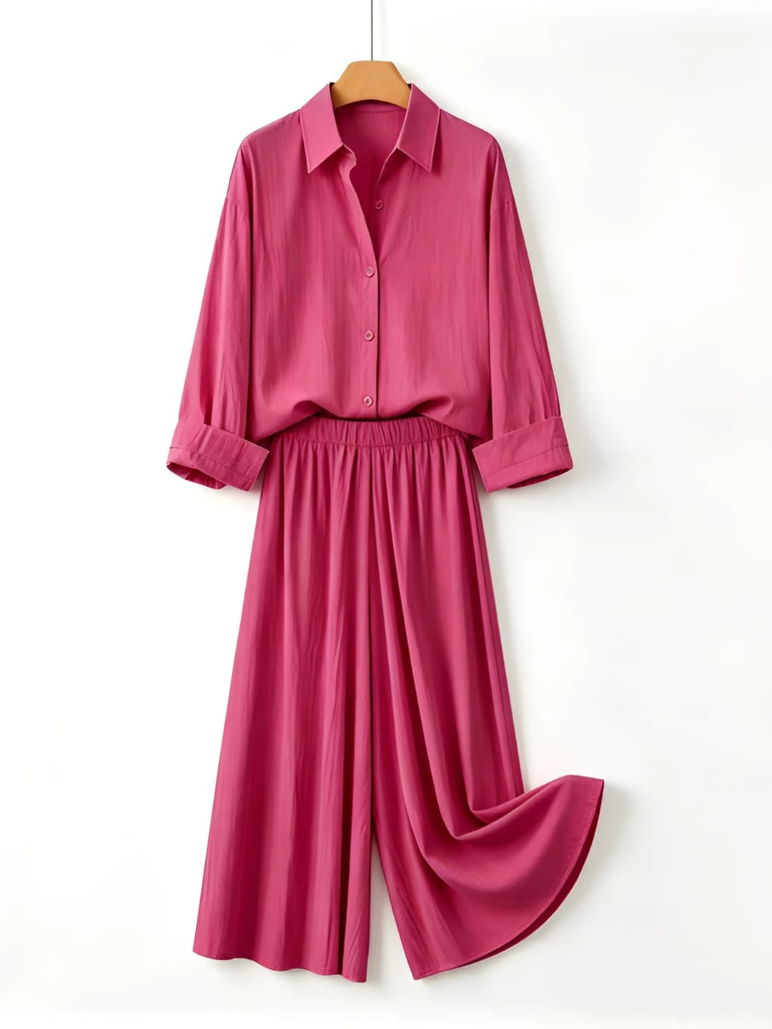 Women's summer set: blouse with lapel collar and wide-leg trousers, long sleeve, elastic waist, loose fit, slimming