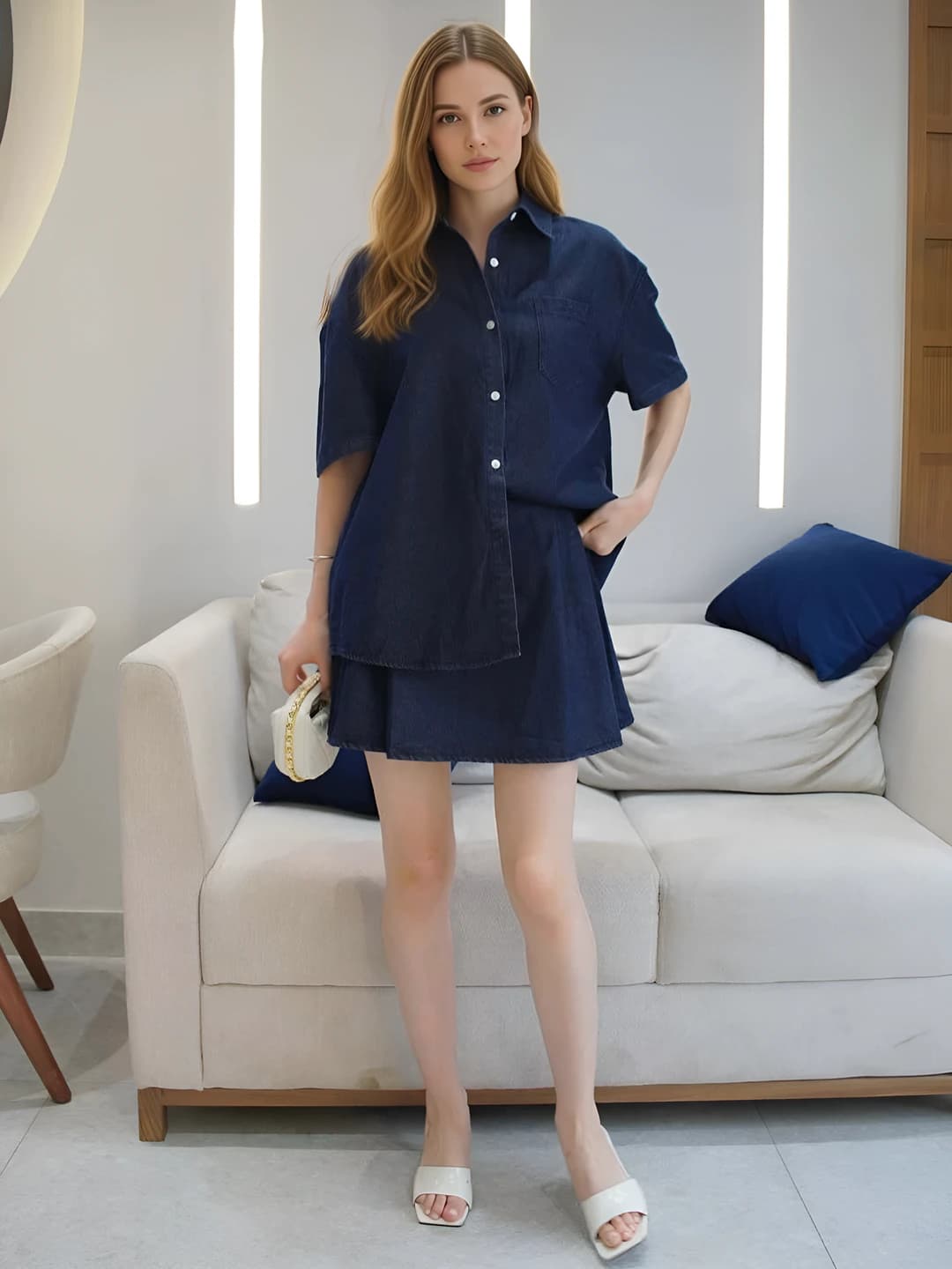 Women's 2026 spring-autumn denim shirt and long skirt set with lapel collar and short sleeves