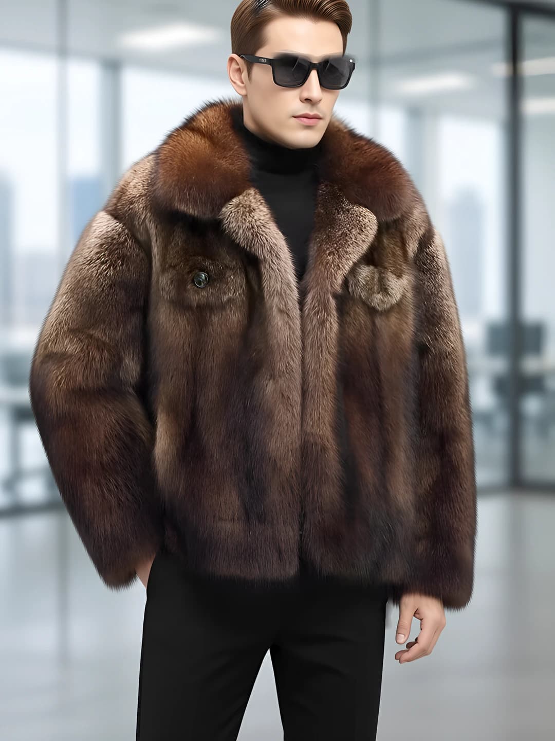 Women's faux fur coat for winter 2026, American style, long sleeve, POLO collar, faux fur fabric