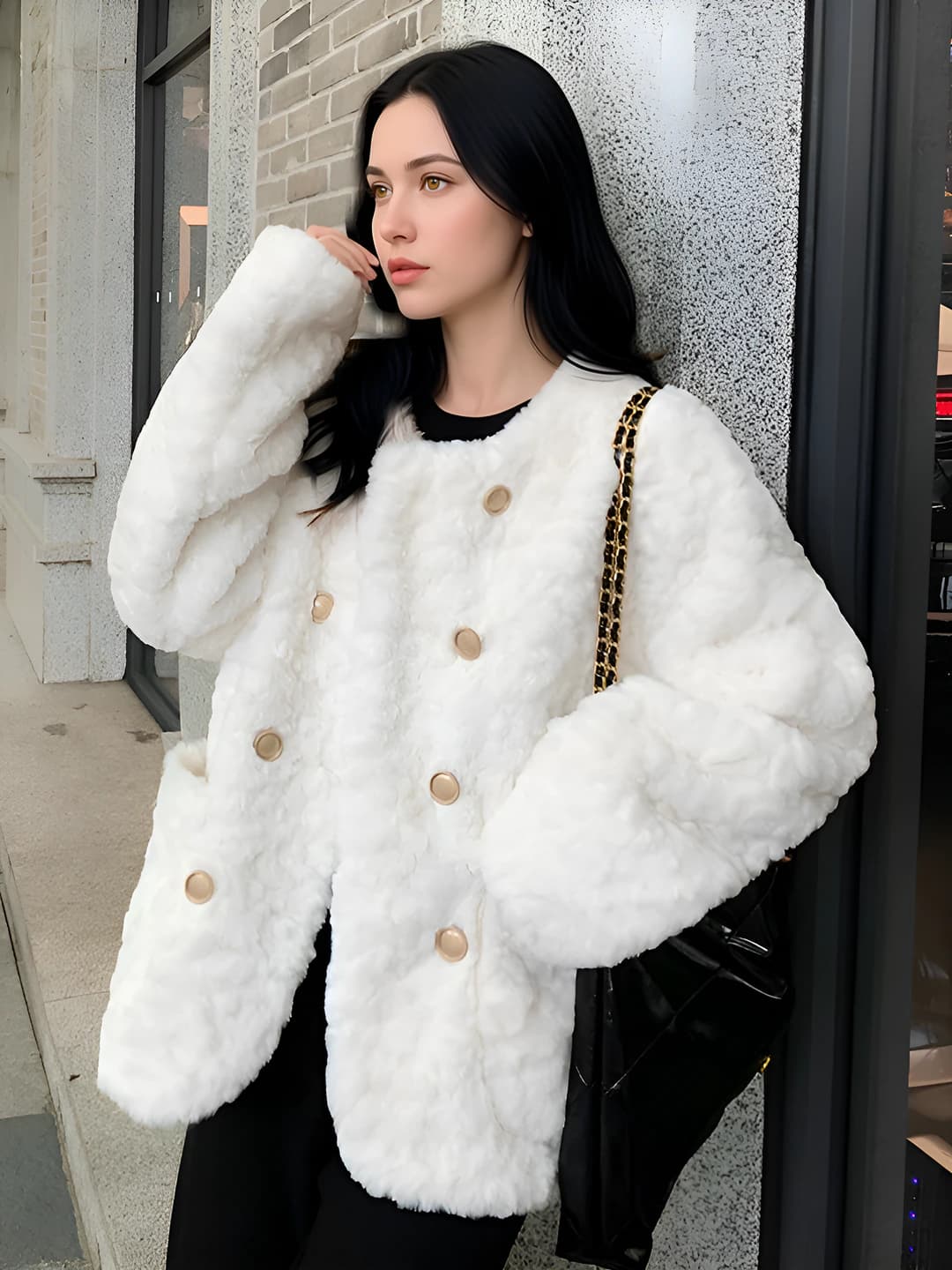 Women's thickened faux shearling coat with crew neck and long sleeve, white, 2026