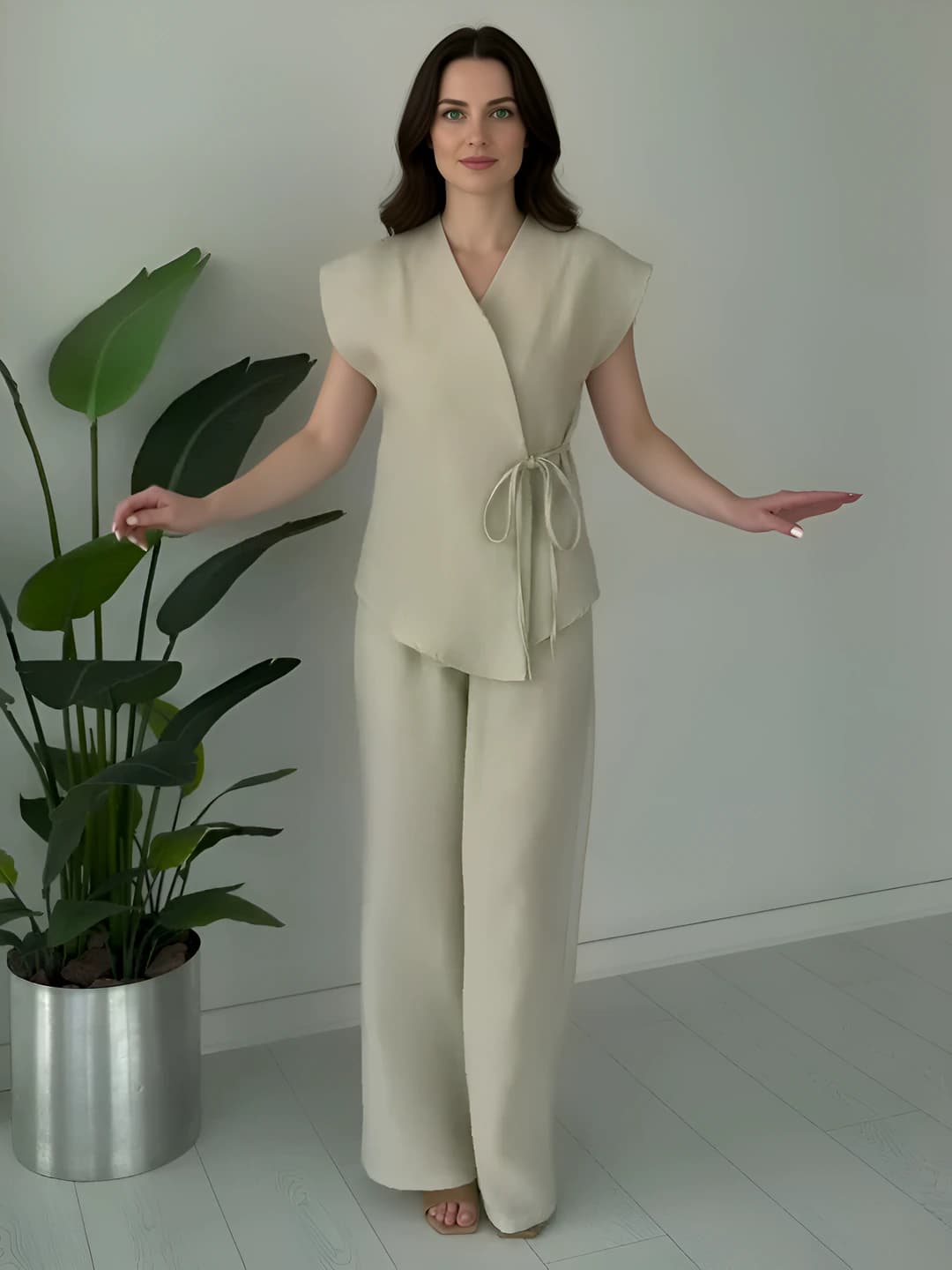 Women's 2026 autumn casual set: short sleeve V-neck tie blouse + wide-leg trousers