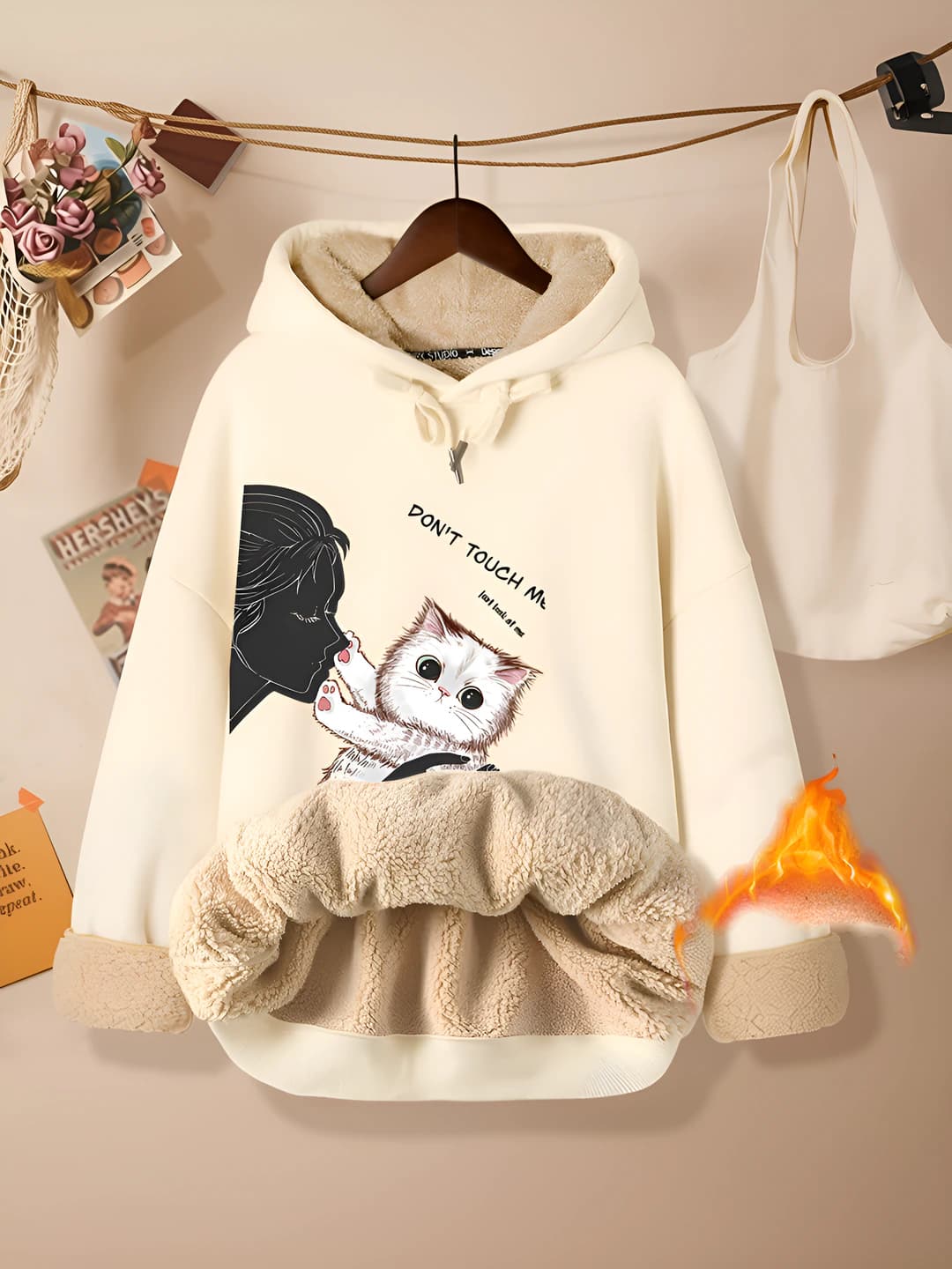 Women's fleece-lined sweatshirt, thickened, winter, long sleeve, cropped, printed
