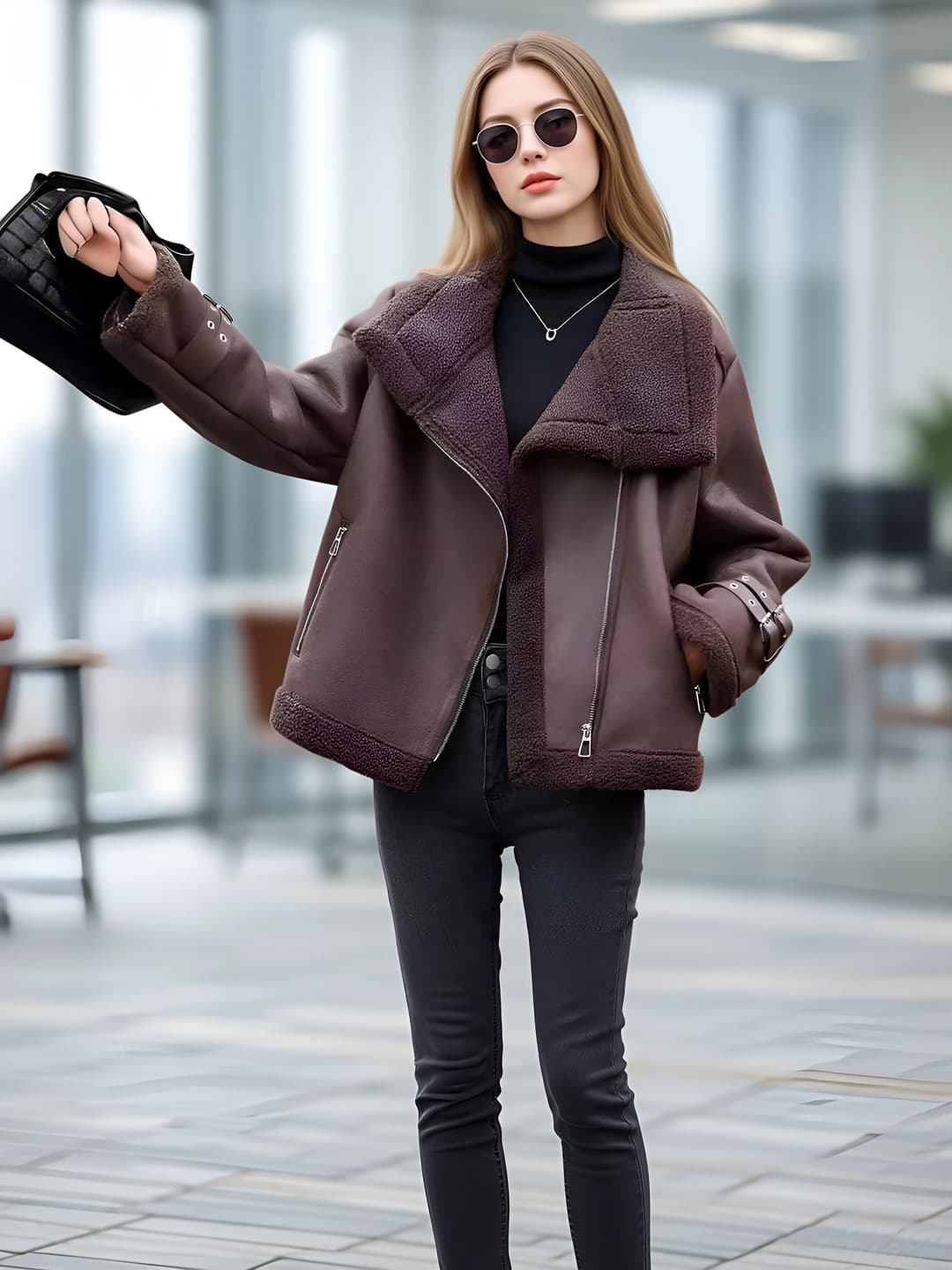 Women's winter thickened faux shearling biker jacket, for petite, 2026