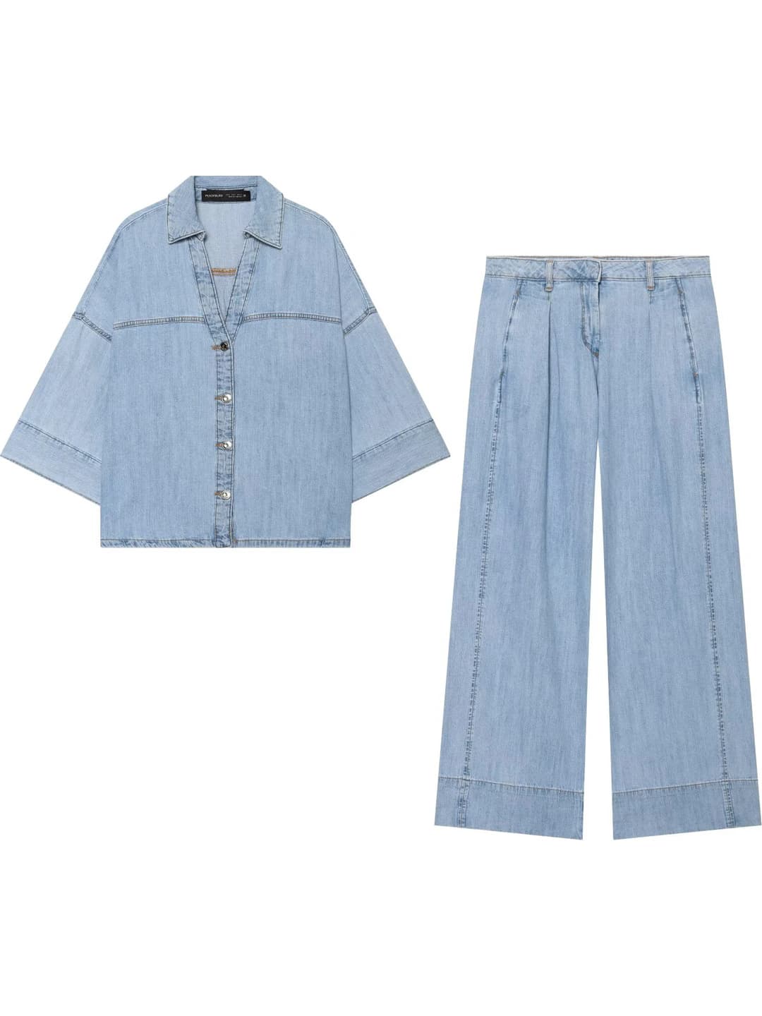 Women's denim shirt and wide-leg trousers set, long sleeve, solid colour, spring
