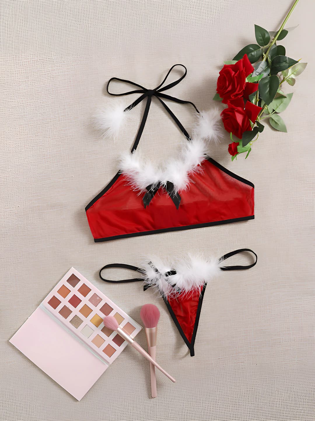 Women's lingerie and costumes: red two-piece set, polyester fabric, style: three-piece, made-to-measure