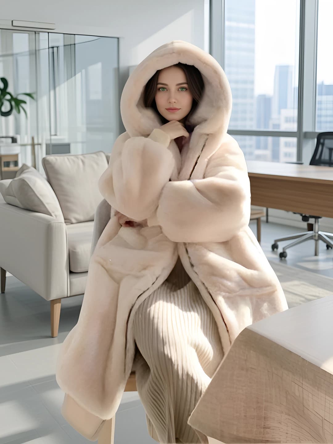 Women's loose fit thickened autumn-winter faux fur hooded coat, plus size, black