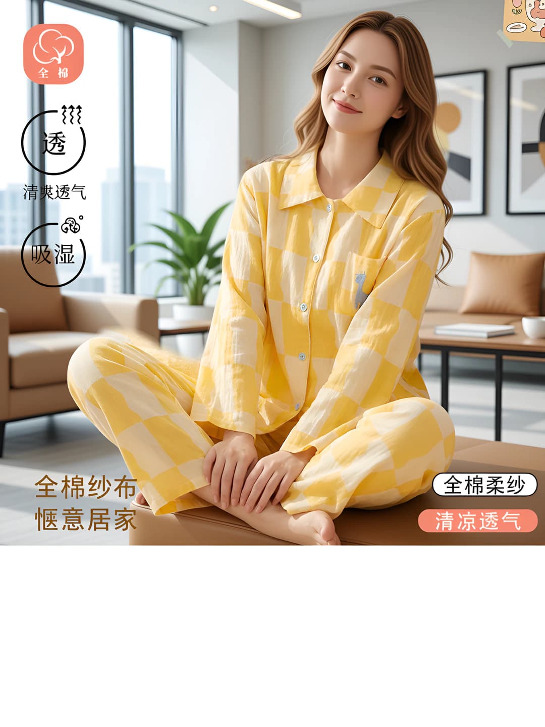 Women's spring-summer checked yellow gauze pajama set, long sleeve top and long pants, lapel collar, 100% cotton, loungewear