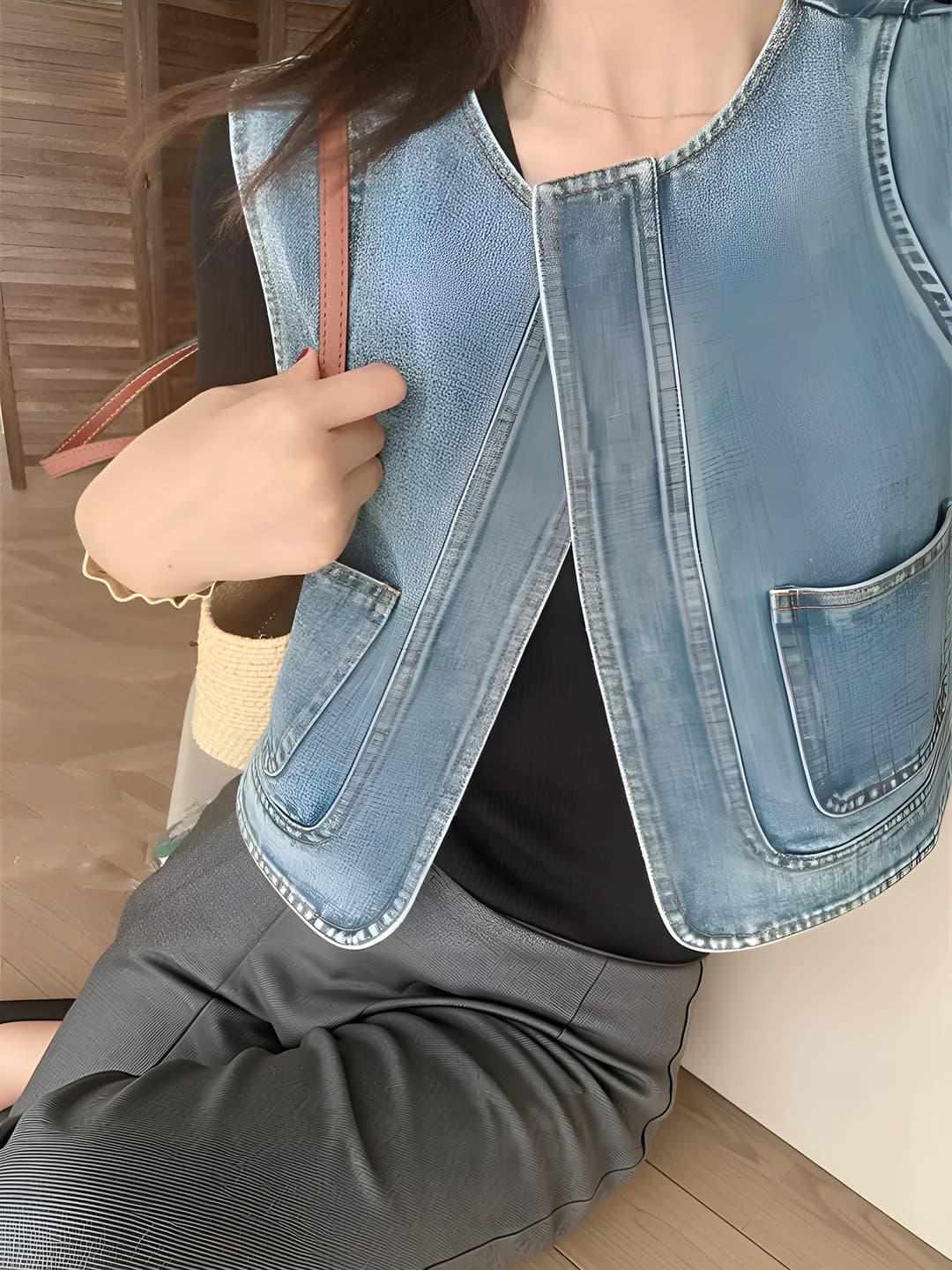 Ayollar uchun koreys uslubidagi bo'sh (oversize) kalta jilet, yengsiz, jun to'ldirgichli, polyester mato
