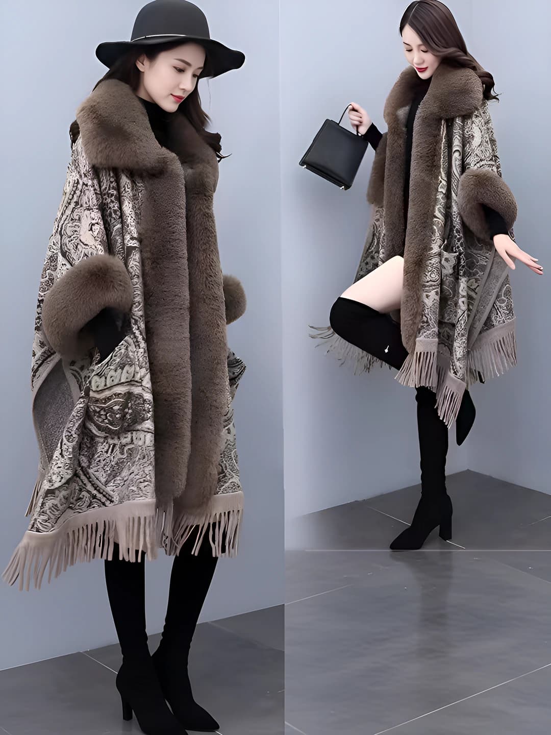 Women's fur-trimmed poncho/cape, mid-length, thickened, autumn-winter, loose fit, long sleeve, thickness: thick