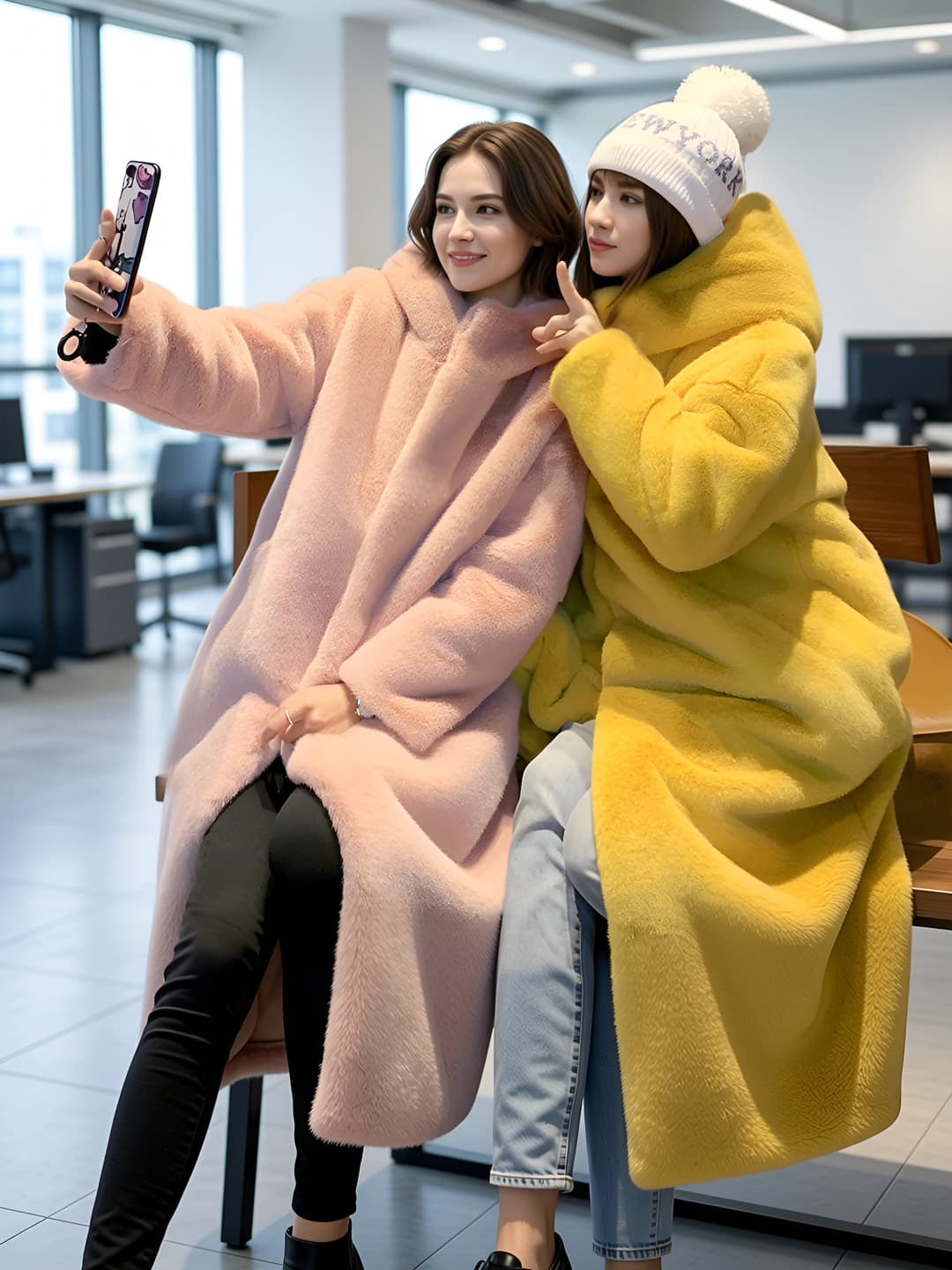 Women's autumn-winter faux fur coat with cashmere, loose fit, long sleeve, mid-length, with hood