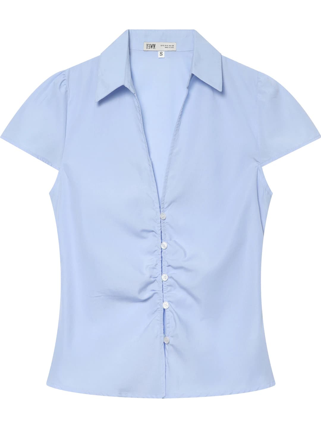 Women's summer short sleeve V-neck slim fit lapel collar solid colour non-stretch gathered blouse