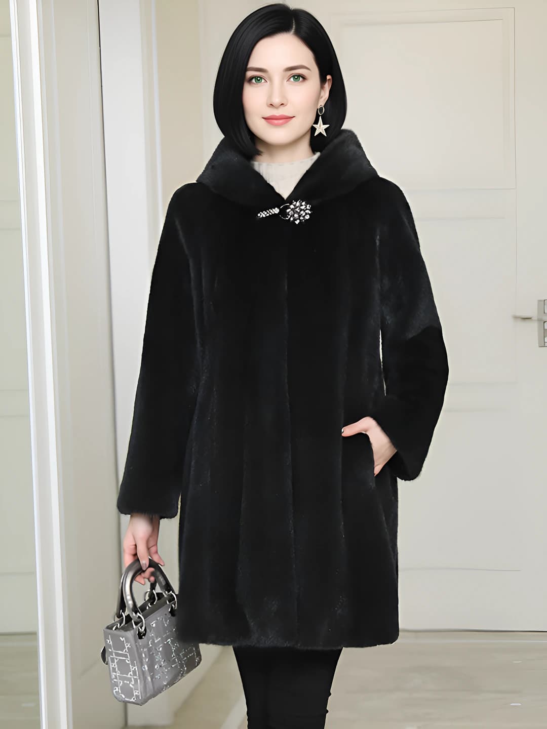 Women's mid-length long sleeve hooded faux fur coat 2026