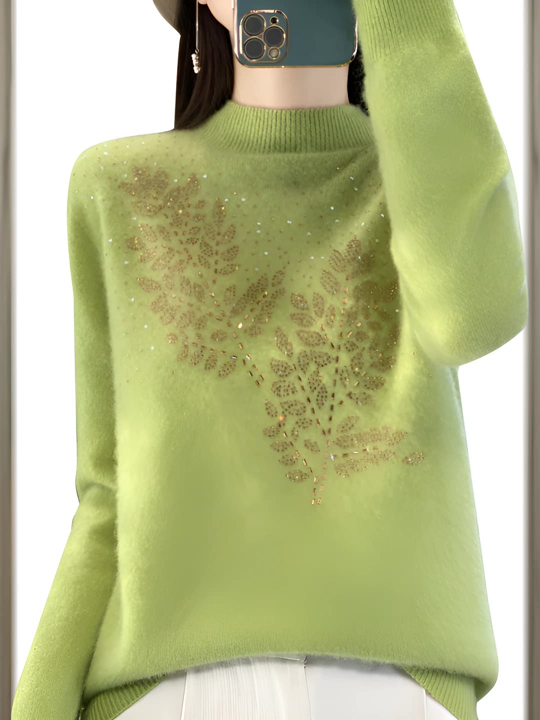 Women's autumn-winter thickened sweater, mock neck, loose fit, long sleeve, plant pattern, with hot-fix rhinestones