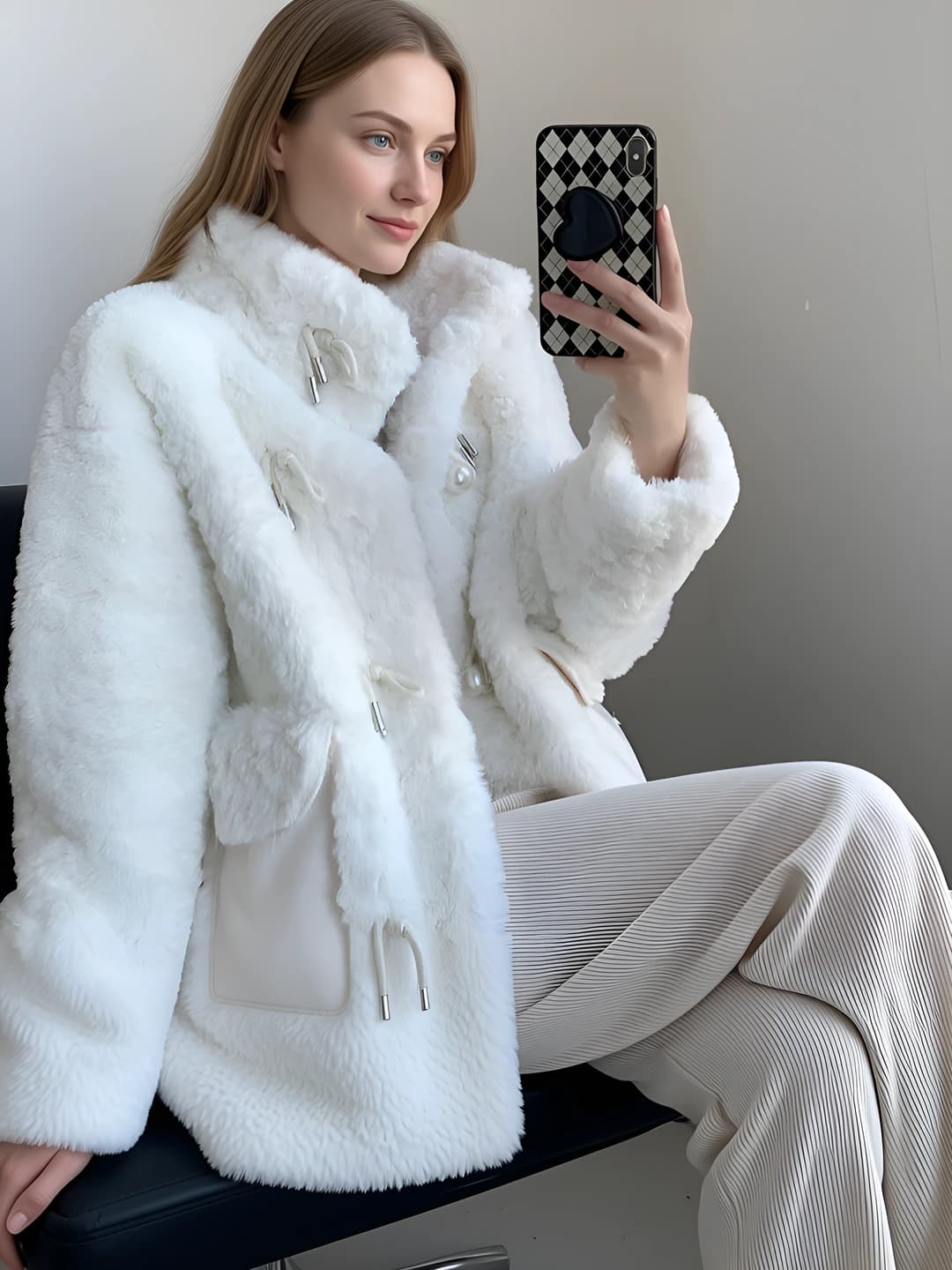 Women's 2026 winter mid-length thickened coat, POLO collar, long sleeve, princess sleeve, faux fur fabric