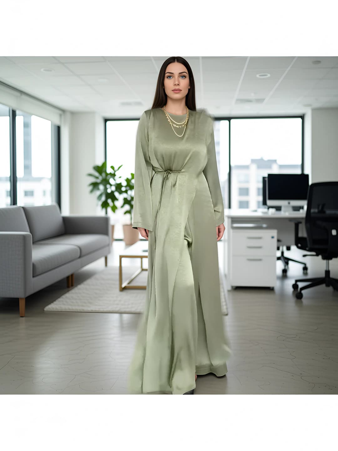 Women's casual two-piece set: long sleeve blouse and high waist wide-leg trousers, spring-autumn