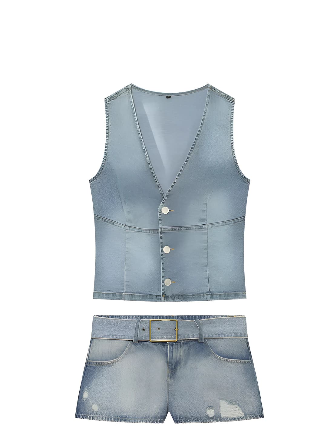 Women's denim vest and knee-length shorts set, sleeveless, slim fit, solid colour, summer
