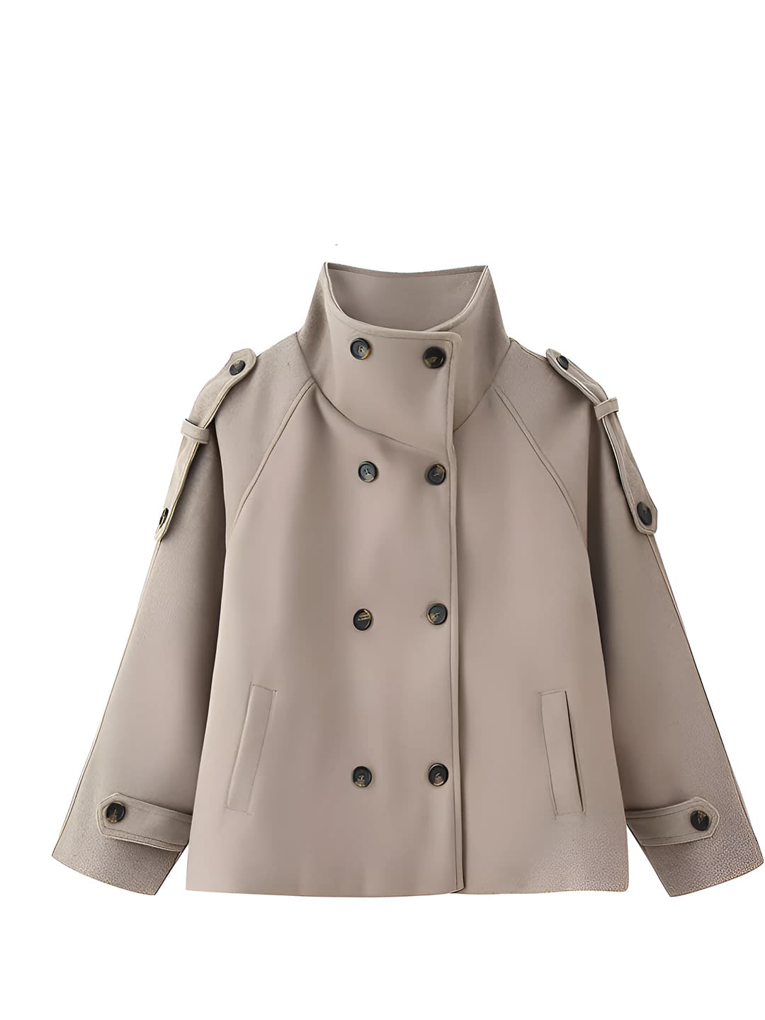 Women's short coat with stand collar, double-breasted closure, loose fit