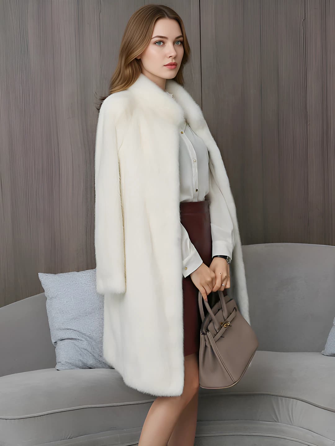 Women's mid-length faux fur coat, stand collar, long sleeve, winter
