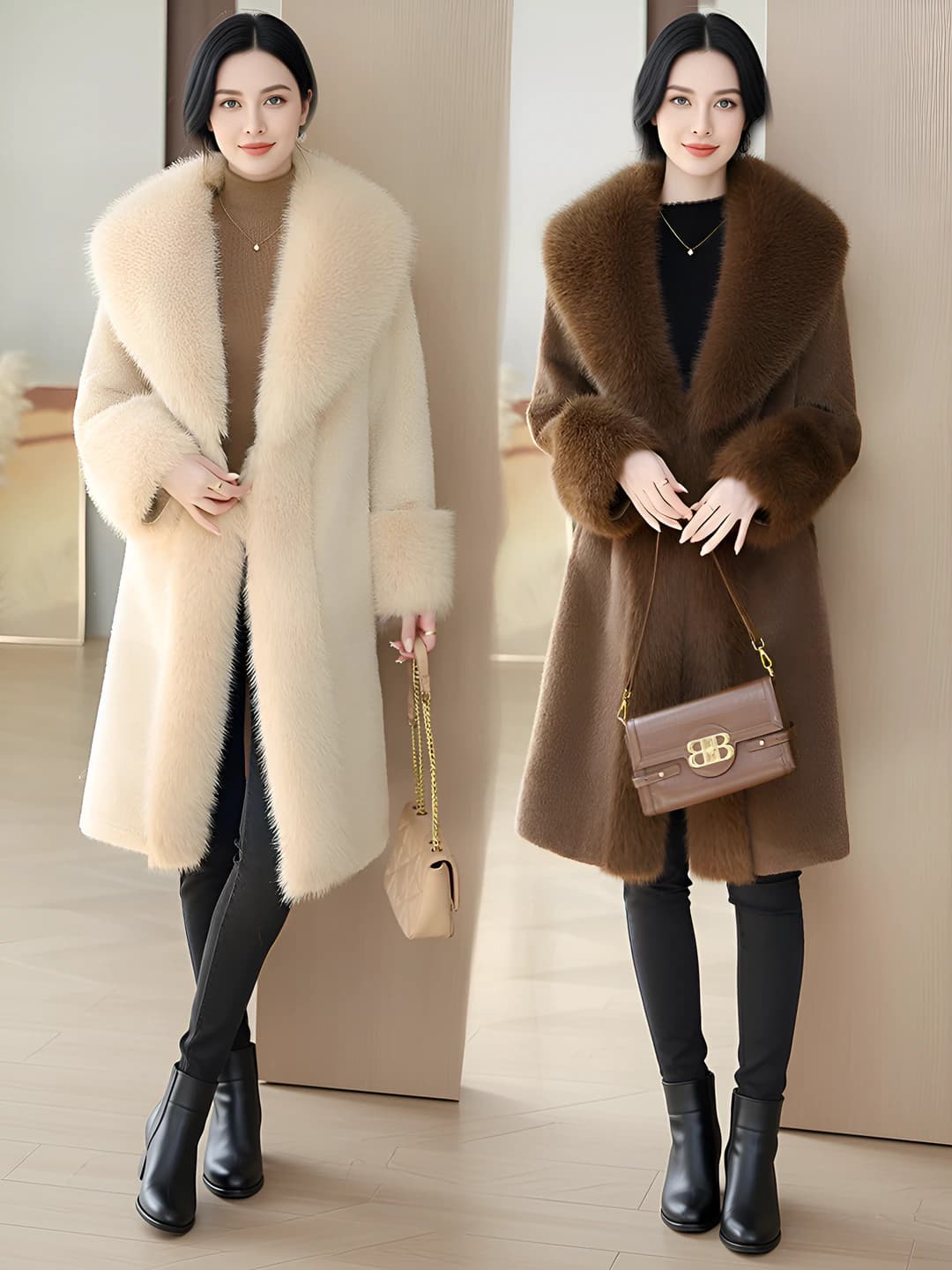 Women's faux fur coat with long sleeve, polo collar and large fur collar for autumn-winter