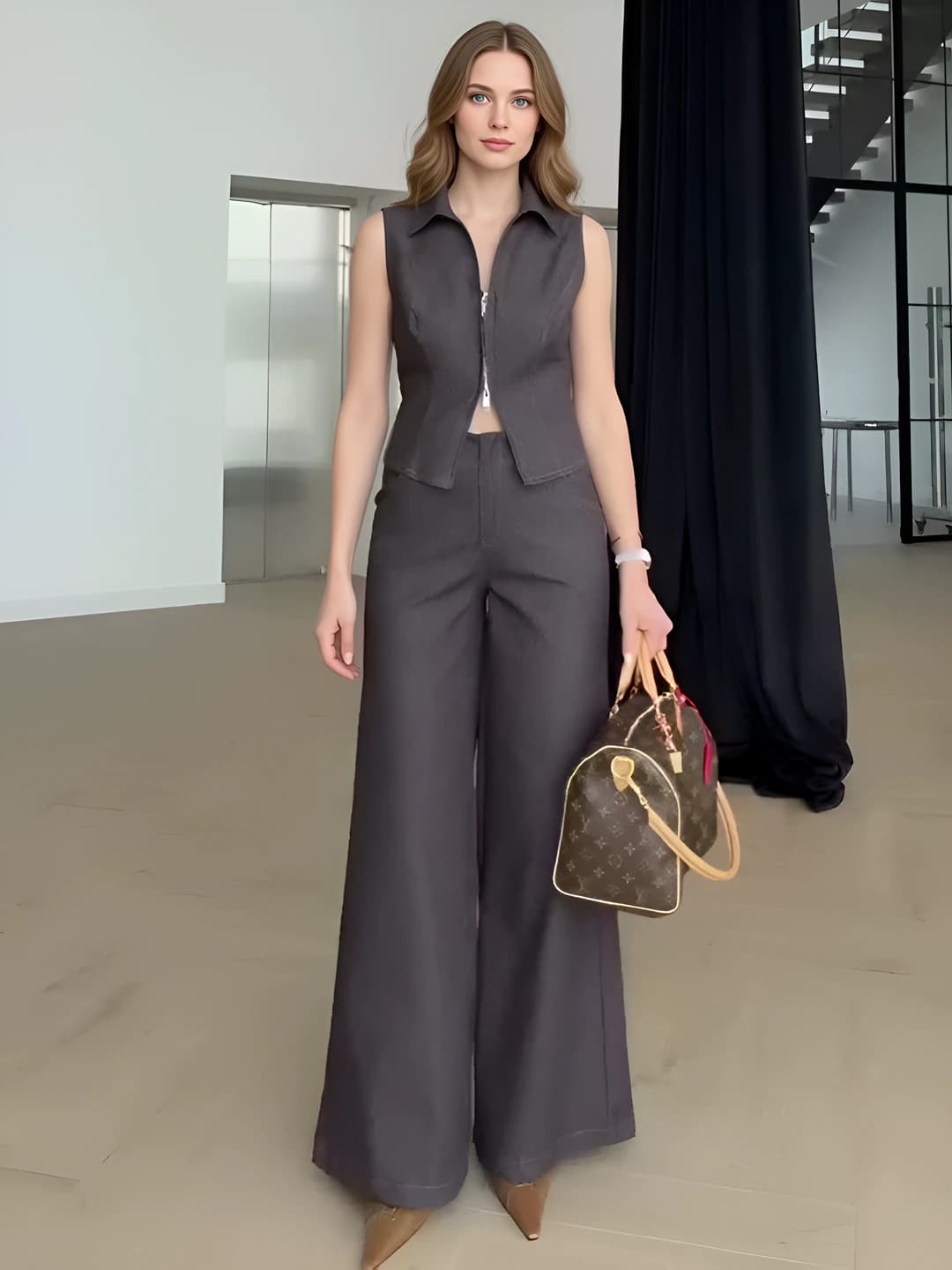 Women's 2026 spring-autumn set: sleeveless lapel collar vest and high waist wide-leg trousers
