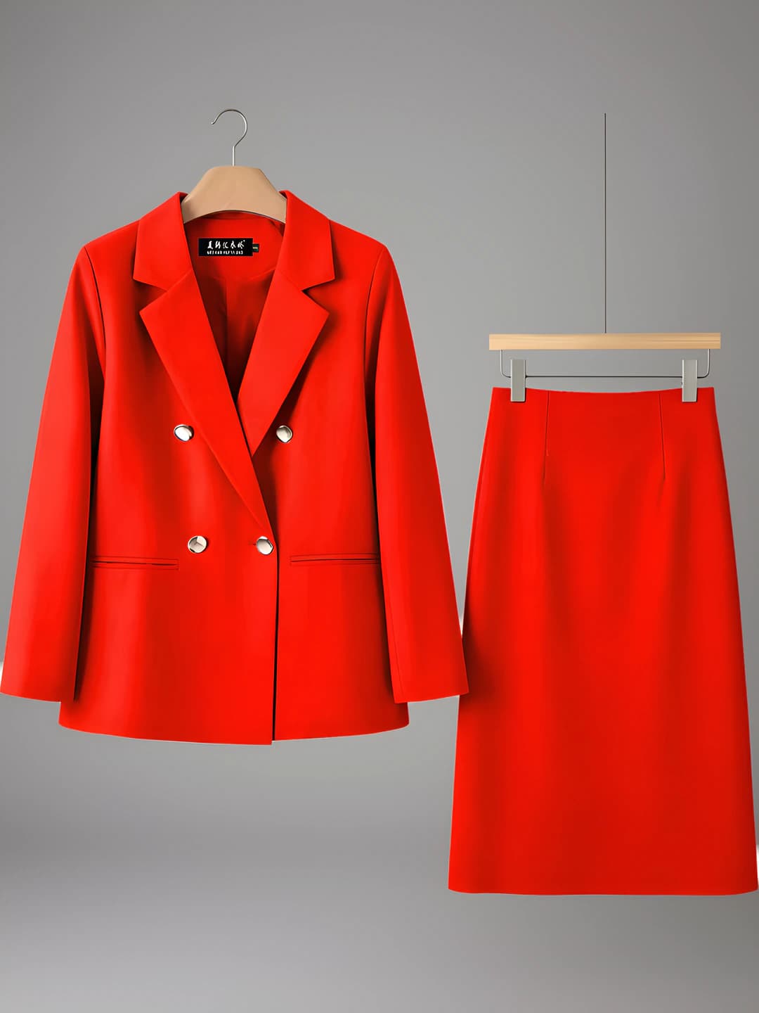 Women's blazer and skirt suit set, red, spring-autumn, long sleeve, high waist, slimming, solid colour, OL style