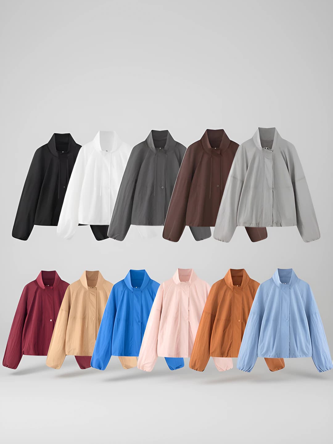 Women's light jackets and windbreakers: stand collar, long sleeve, cropped, casual, 3D pattern, closure, street style, medium thickness, regular fit, polyester fabric