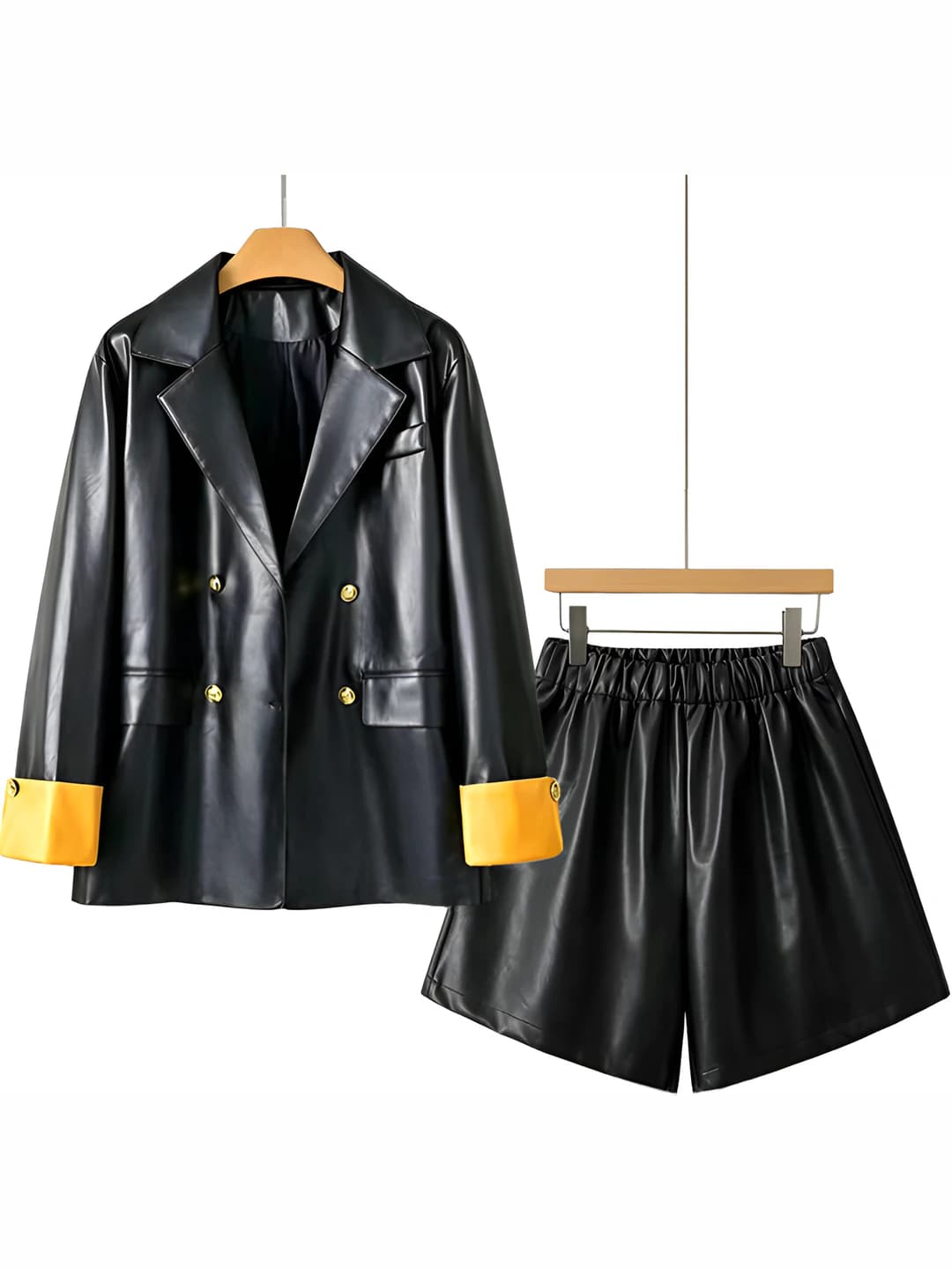 Women's PU leather jacket and knee-length shorts set, Korean style, solid colour, long sleeve, slimming, casual