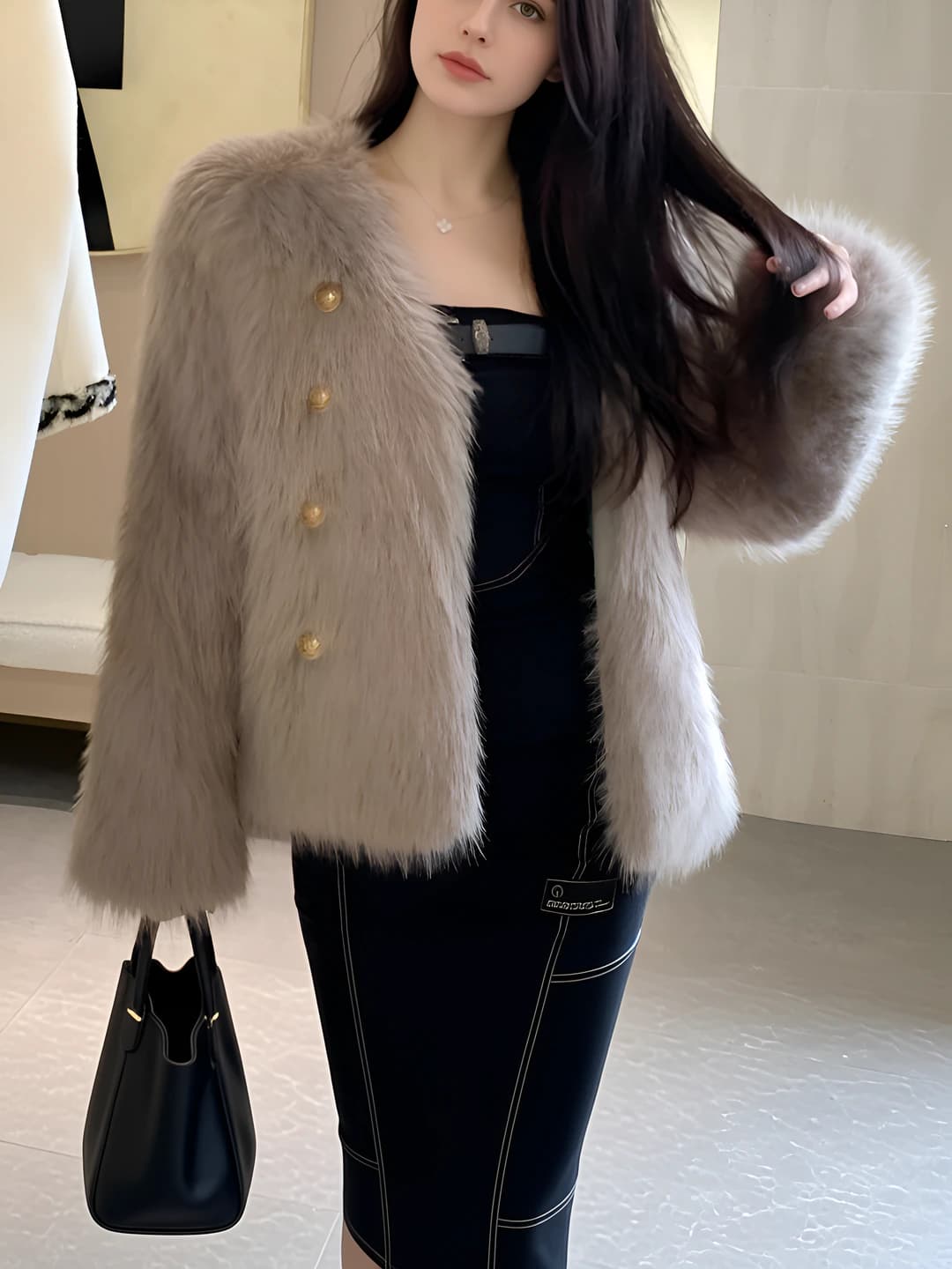 Women's faux fur coat 2026 autumn-winter for petite, cropped, long sleeve, polo collar, chanel style