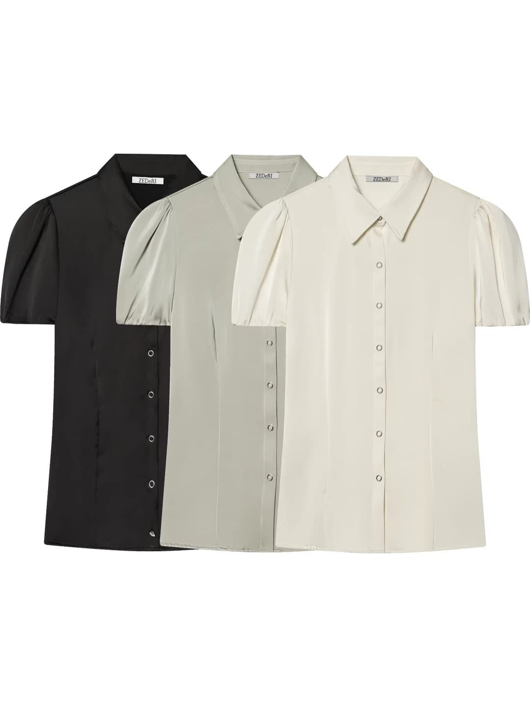 Women's satin-texture blouse, French gentle style, short sleeve, slimming, office wear, POLO collar, A-line fit, solid colour