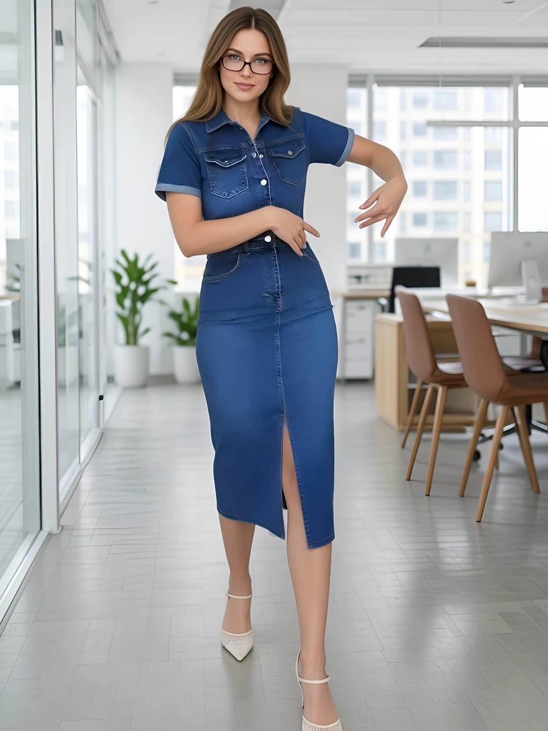 Women's 2026 spring-autumn denim two-piece set: lapel collar blouse and long slit skirt, solid colour, short sleeve, casual style