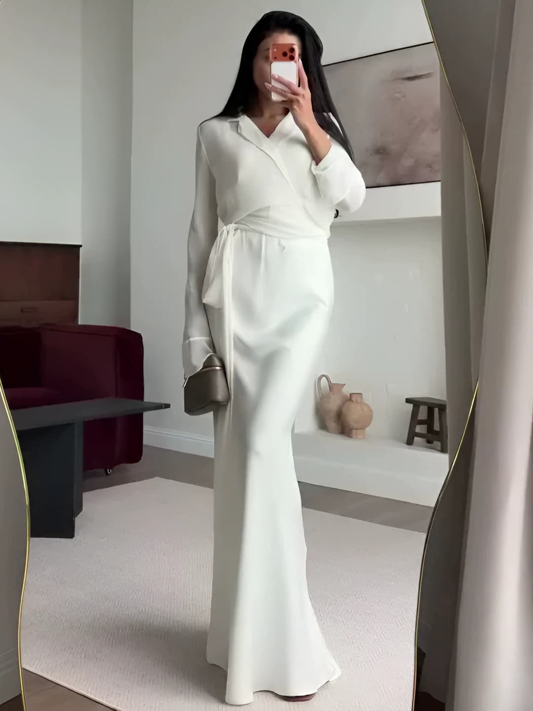 Women's 2026 spring-autumn V-neck long sleeve set: outerwear, blouse and long skirt