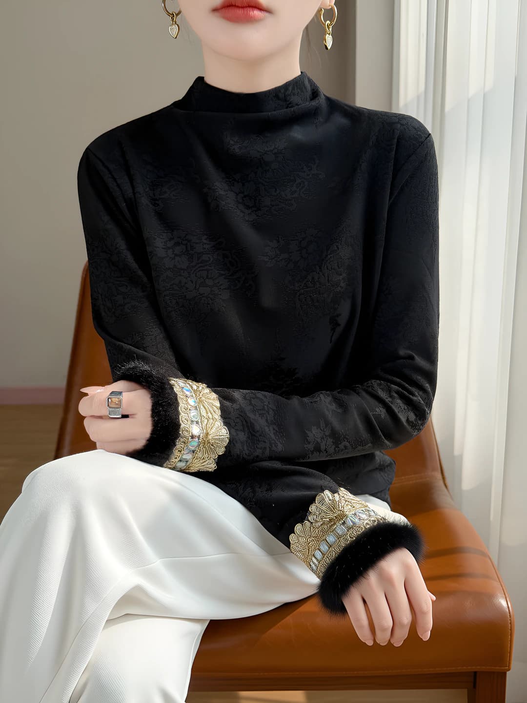 Women's autumn-winter thickened, warm, embroidered, mock neck, long sleeve, polyester thick sweater
