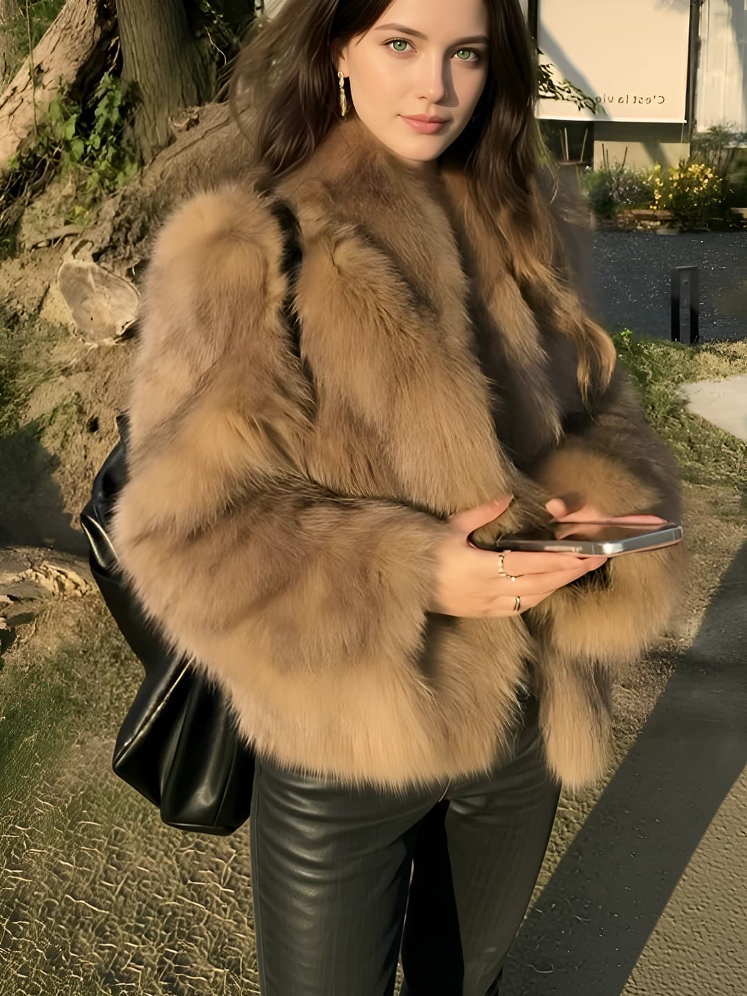 Ayollar uchun qishki kalta tik yoqali uzun yengli qo'ng'ir rangli sun'iy tutun palto