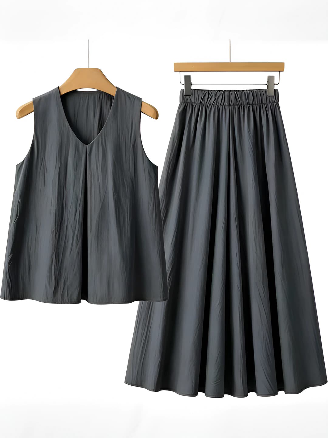 Women's summer thin sleeveless tank top and long skirt set, black, polyester