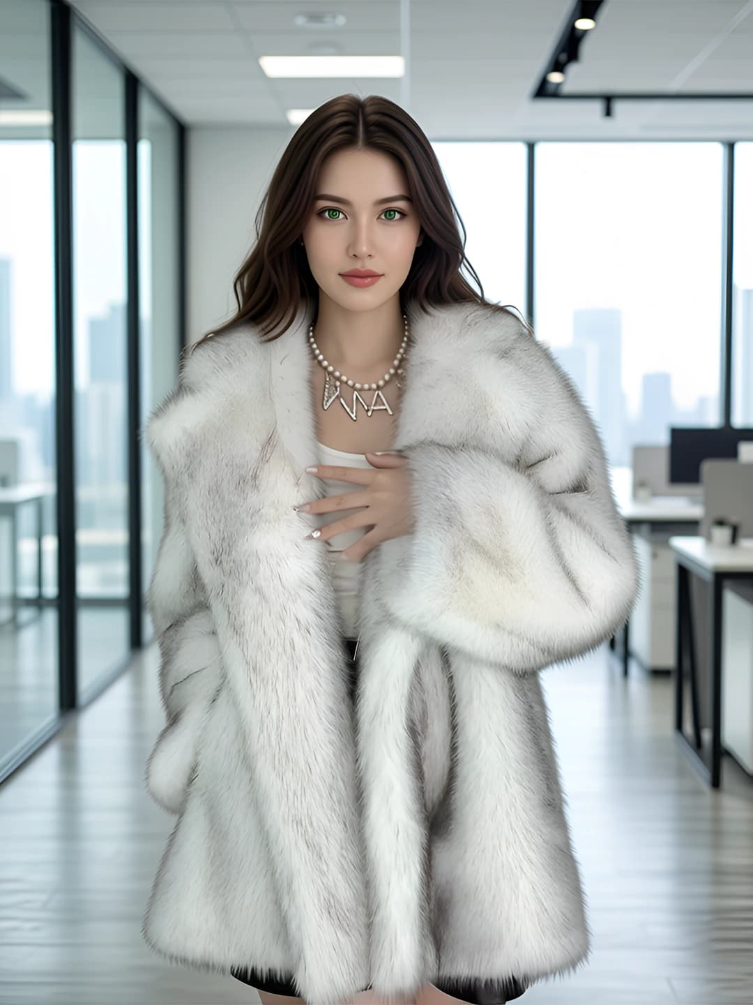 Women's mid-length faux fur coat with collar and long sleeves for autumn-winter 2026